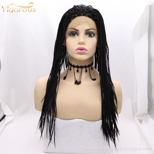 Vigorous braid long bug black wholesale cheap heat resistente synthetic wig with lace front